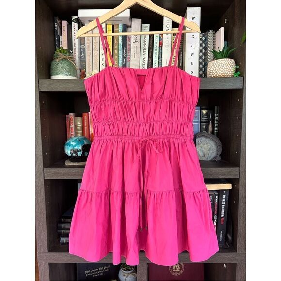 NWT LDT SAMPLE Pink Tiered Ruched Tie Front Keyhole Mini Dress Size 4 - Picture 1 of 9